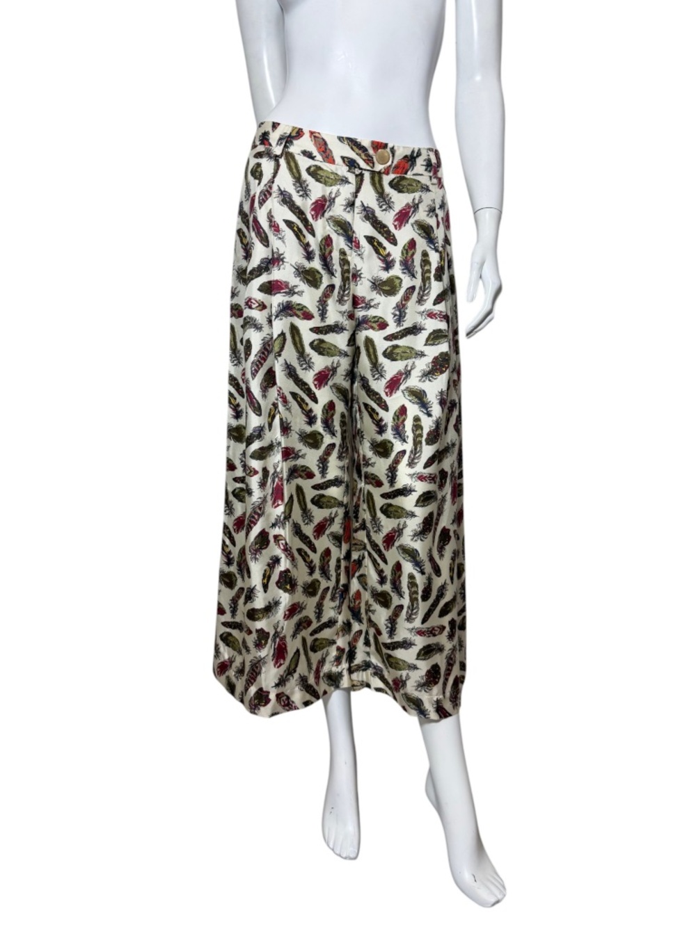 NWOT La Prestic Ouiston Silk Wide-Leg Cropped Pants in Feather Print SIze 1/S